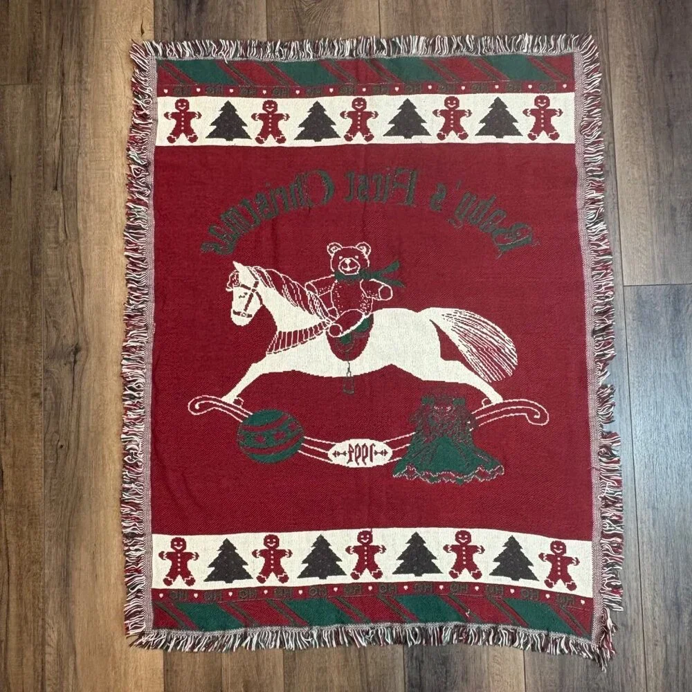 Vintage 1994 Babys First Holiday Tapestry Throw Blanket‎ 37”x47” Teddy